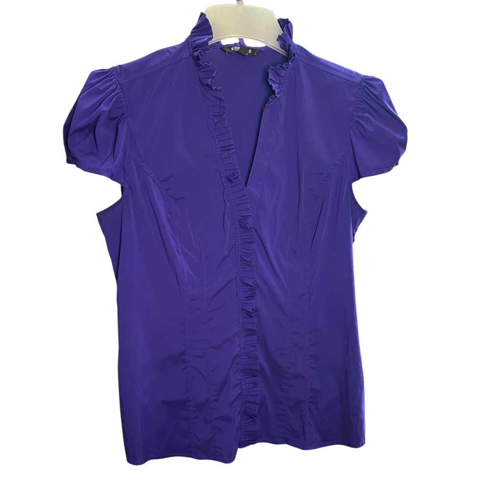 Express Purple Satin Ruffle V-Neck Blouse Puff Cap Sleeve Cottagecore Top Large